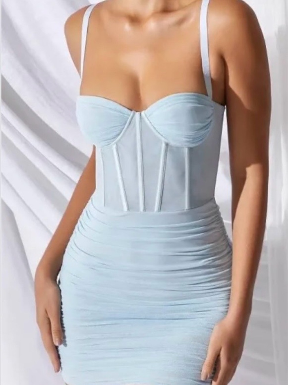 Oh Polly Powder Blue Ruched Bustier Midi Dress